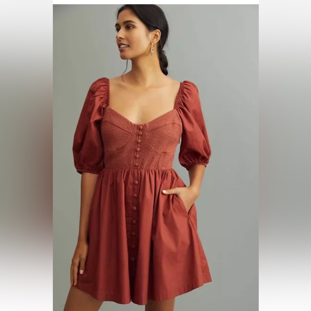 NWT $148 Anthropologie Maeve Puff Sleeve Sweetheart Mini Dress Brown Sz XL